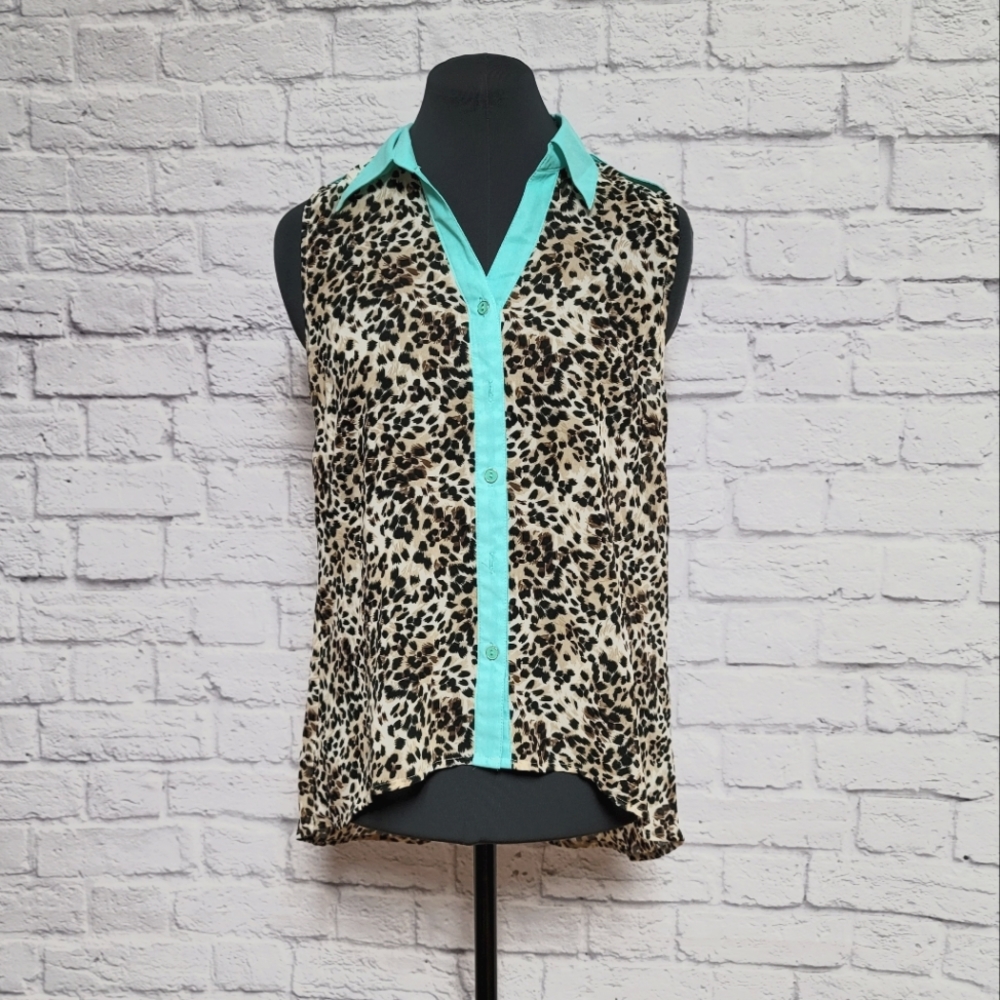 Leopard Print & Turquoise Button Down Tank - Size Medium